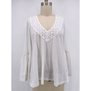 Free People Top XS Parisian Nights Blouse Ivory White Long Sleeve V Neck Eyelet